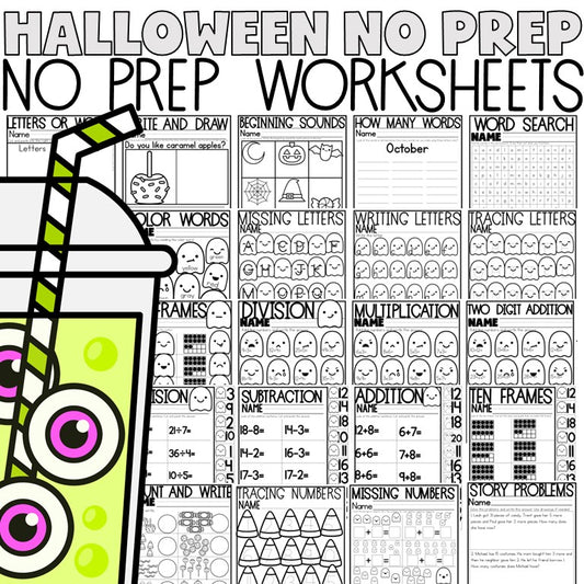 Halloween No Prep | Ghost Day Worksheets | No Prep Activities | Math + Literacy